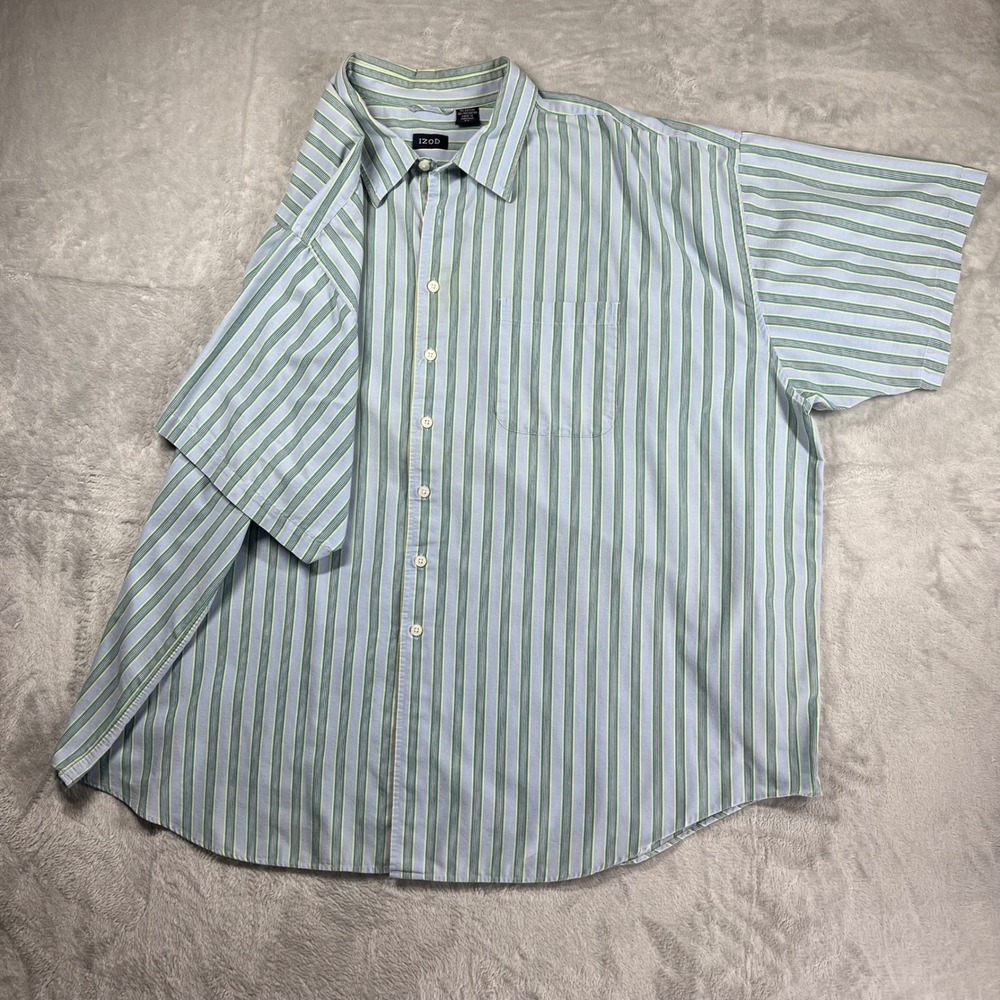 IZOD Mens 4X Blue Green Striped Short Sleeve Button Down Shirt